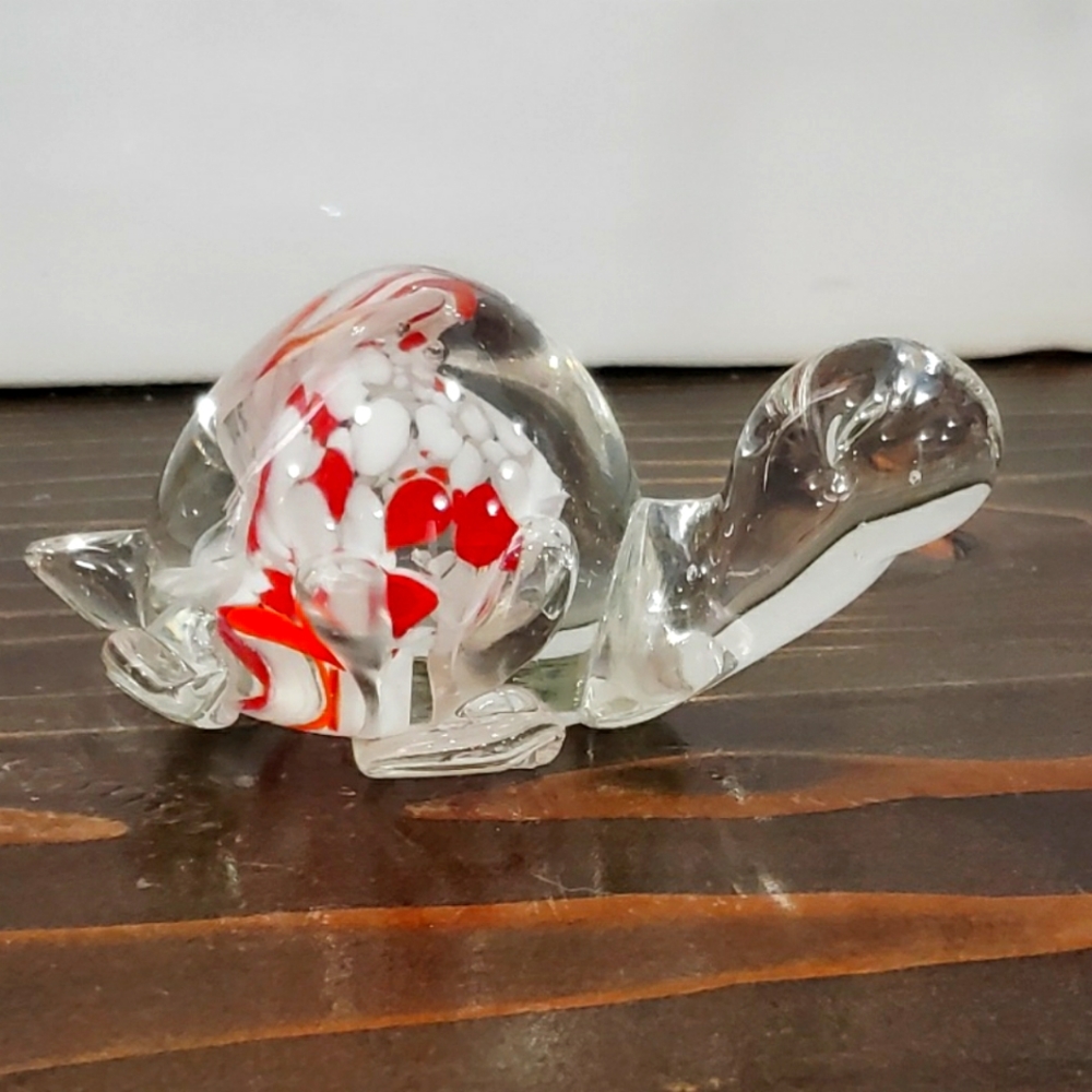 Vintage Fenton Hand Blown Glass Turtle With Flower Shell Paperweight Figurine